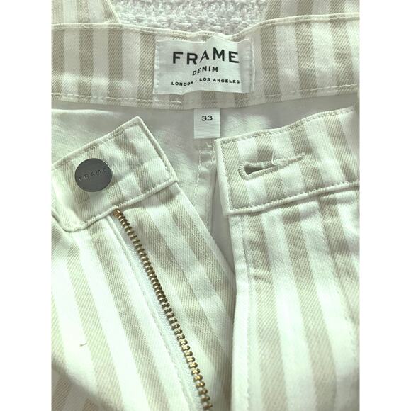 FRAME Women’s Tan+White Striped Le Bardot Crop Flare Raw Edge Denim Pant-size 33 - Picture 7 of 15